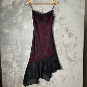 Vintage Gothic Floral Slip Dress Asymmetrical Hem Y2K Dark Romance Cowl Neck MD